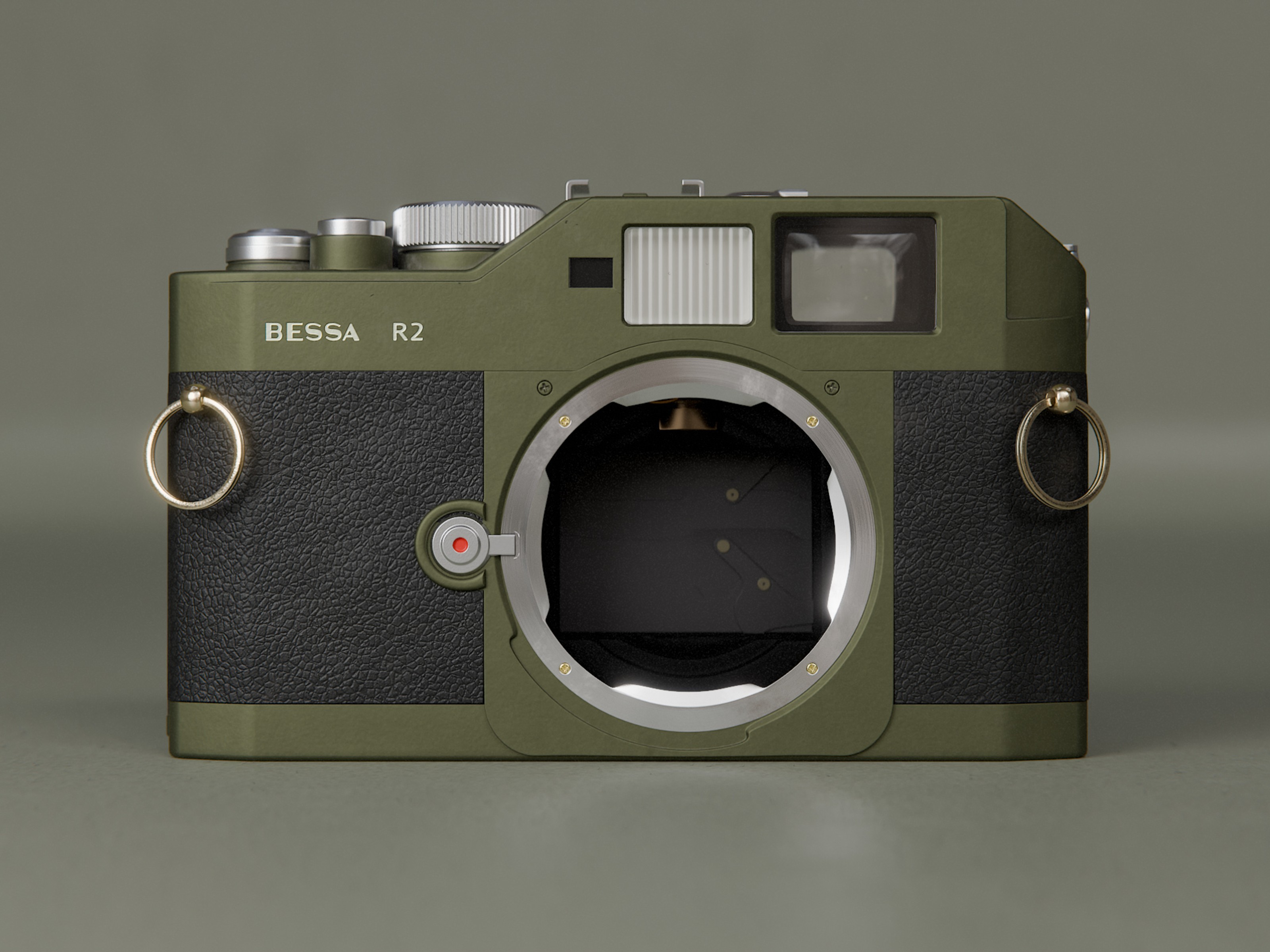 Render of the front of the camera, without lens mounted.