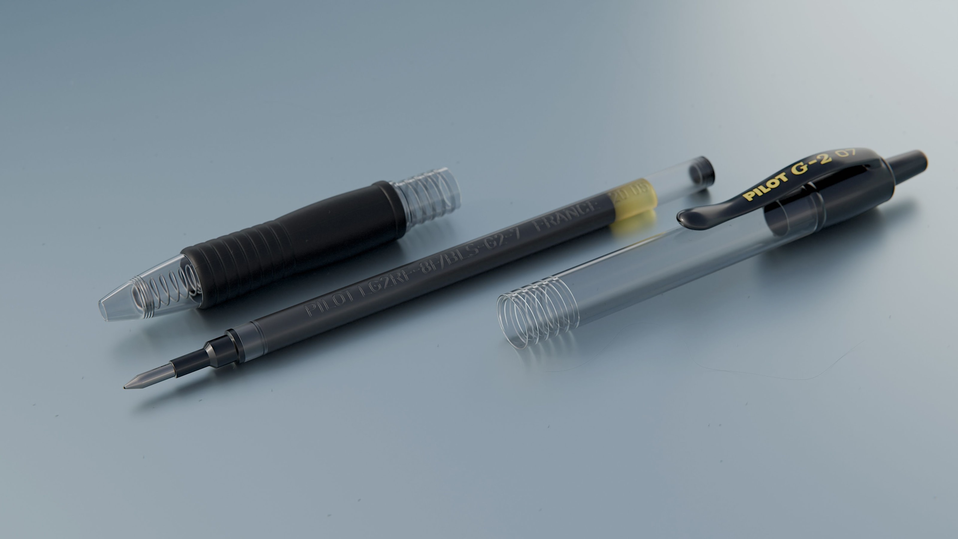 A disassembled view of the Pilot G-2 gel pen.